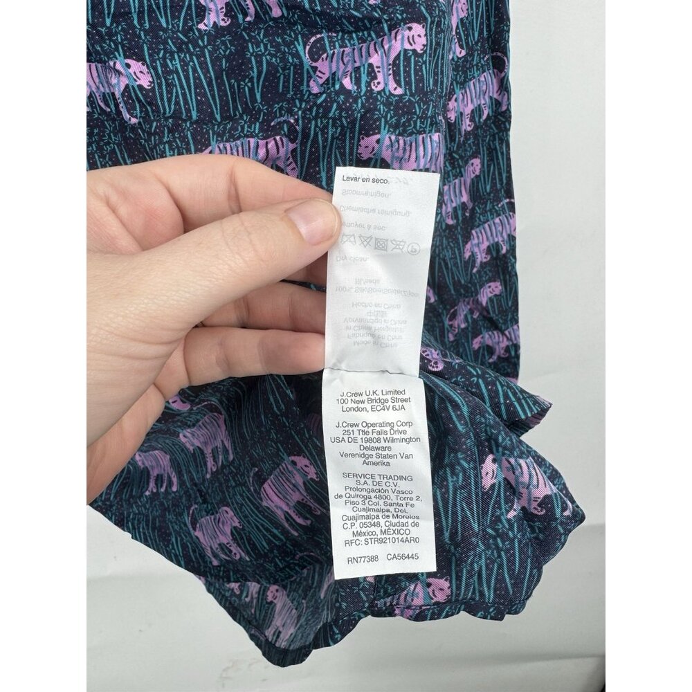J. Crew Collection Tiger Print 100% Silk Blouse Women 8 Navy Pink Button Front - Picture 7 of 8